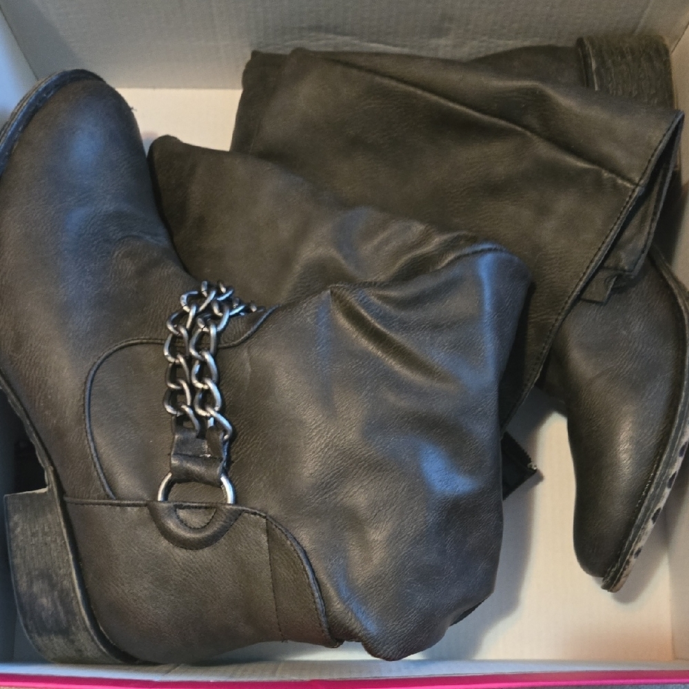 Women's Black/gray Leather Knee High Boots